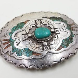 Indian American Southwest Silver Turquoise Vintage Retro Belt Buckle 3"x2" Cool!